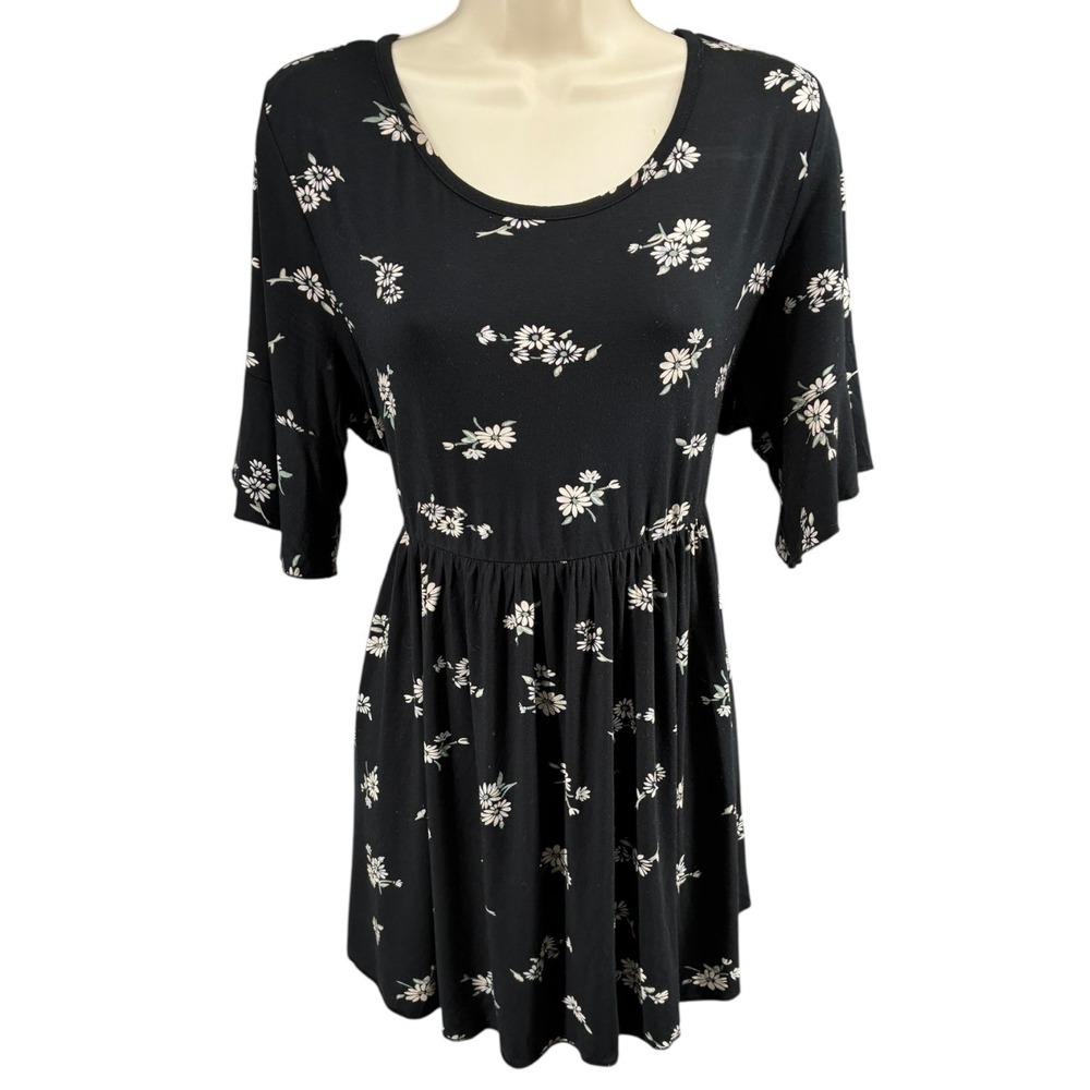 Black Floral Babydoll Top Stretch Empire‎ Waist Maternity Friendly Size Large